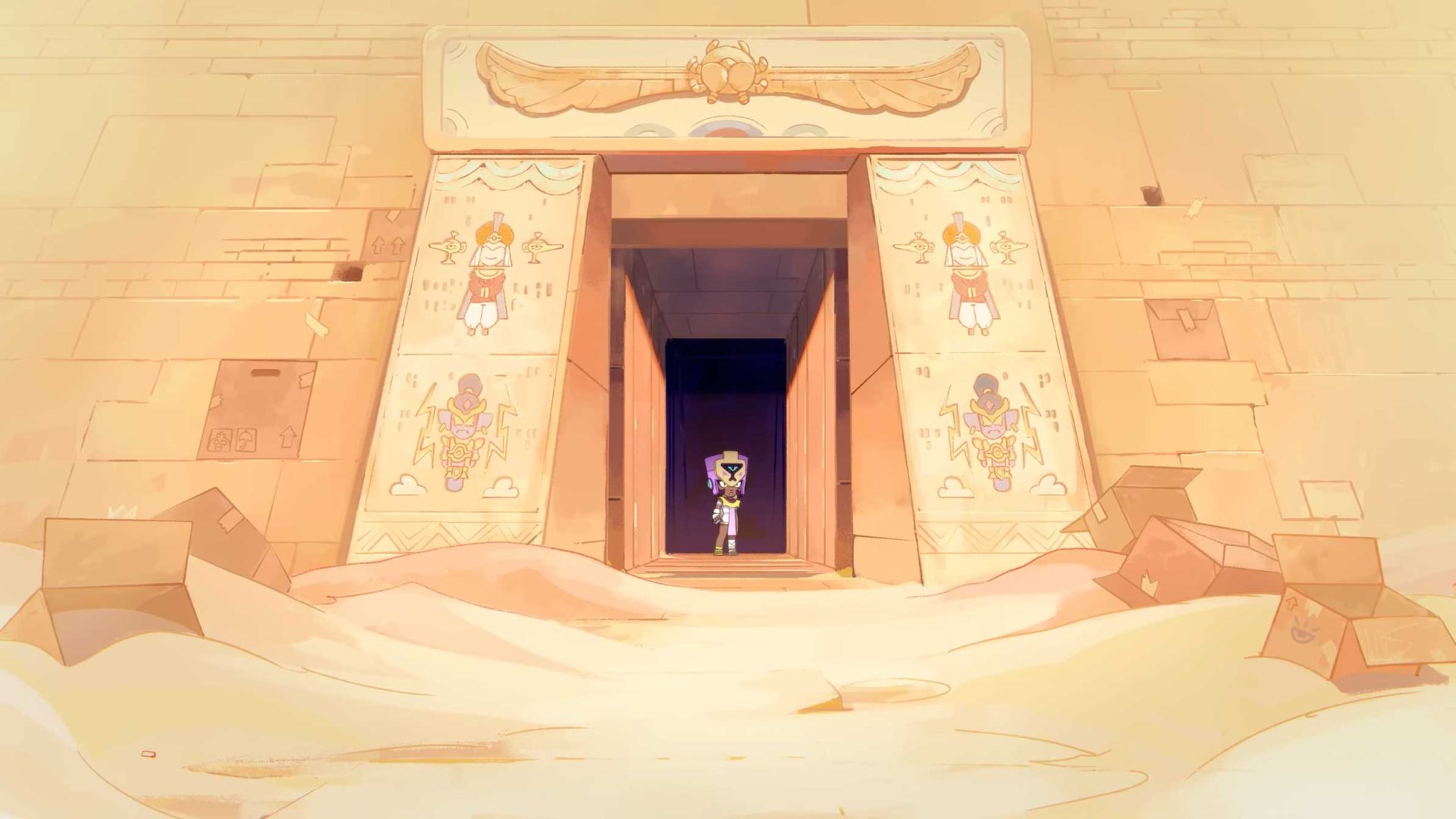 A small figure dressed in ancient Egyptian attire—resembling Najia from Brawl Stars—stands at the entrance of a grand, sandy temple adorned with colorful Egyptian art and hieroglyphs, sunlight illuminating scattered crates in the sand. Frame from Stash Magazine article.