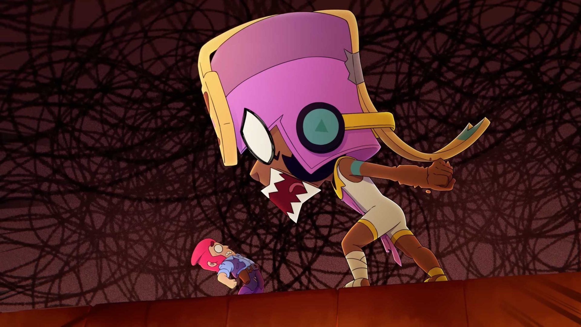 A small character with pink hair faces a much larger, imposing figure—Naja from Brawl Stars—wearing a large purple helmet and ancient-style clothing, set against a dark, tangled background. Frame from Stash Magazine article.
