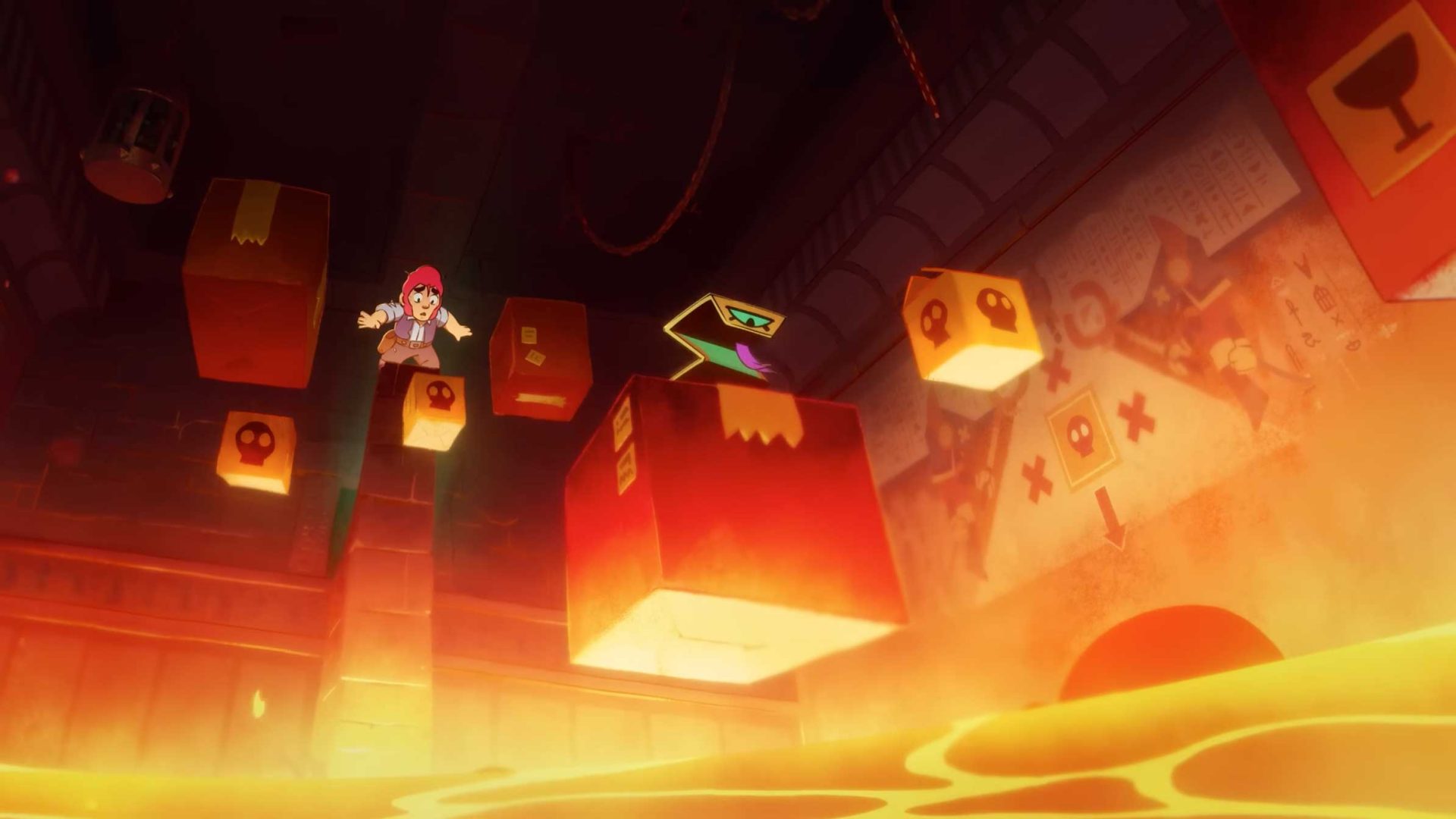 A girl and Najia, a green, box-shaped character, jump across floating boxes above glowing lava in a dimly lit, cartoon-style dungeon with symbols on the walls, reminiscent of the vibrant worlds in Brawl Stars. Frame from Stash Magazine article.