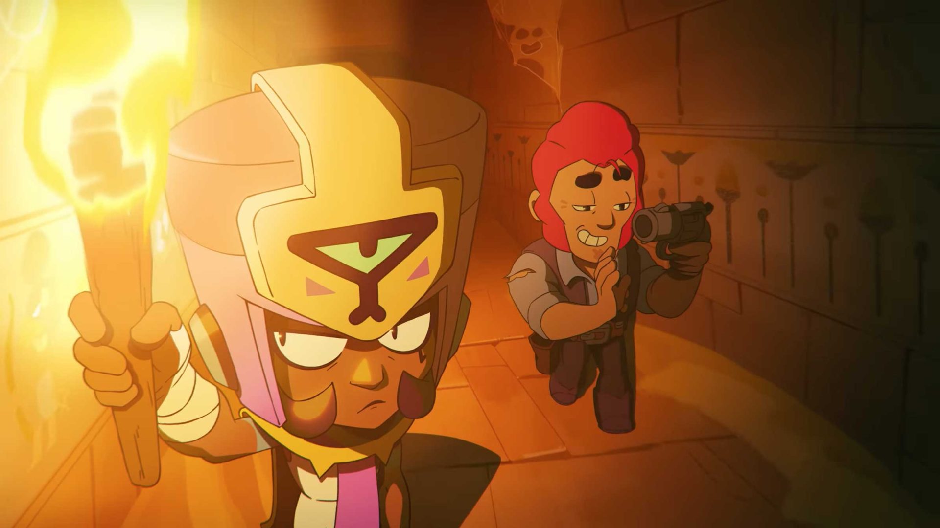 Two animated characters explore a dimly lit corridor. The front, wearing a golden helmet, holds a torch; the red-haired character behind, inspired by Brawl Stars’ Najia, wields a camera. Ancient symbols decorate the walls in this Passion Paris adventure. Frame from Stash Magazine article.