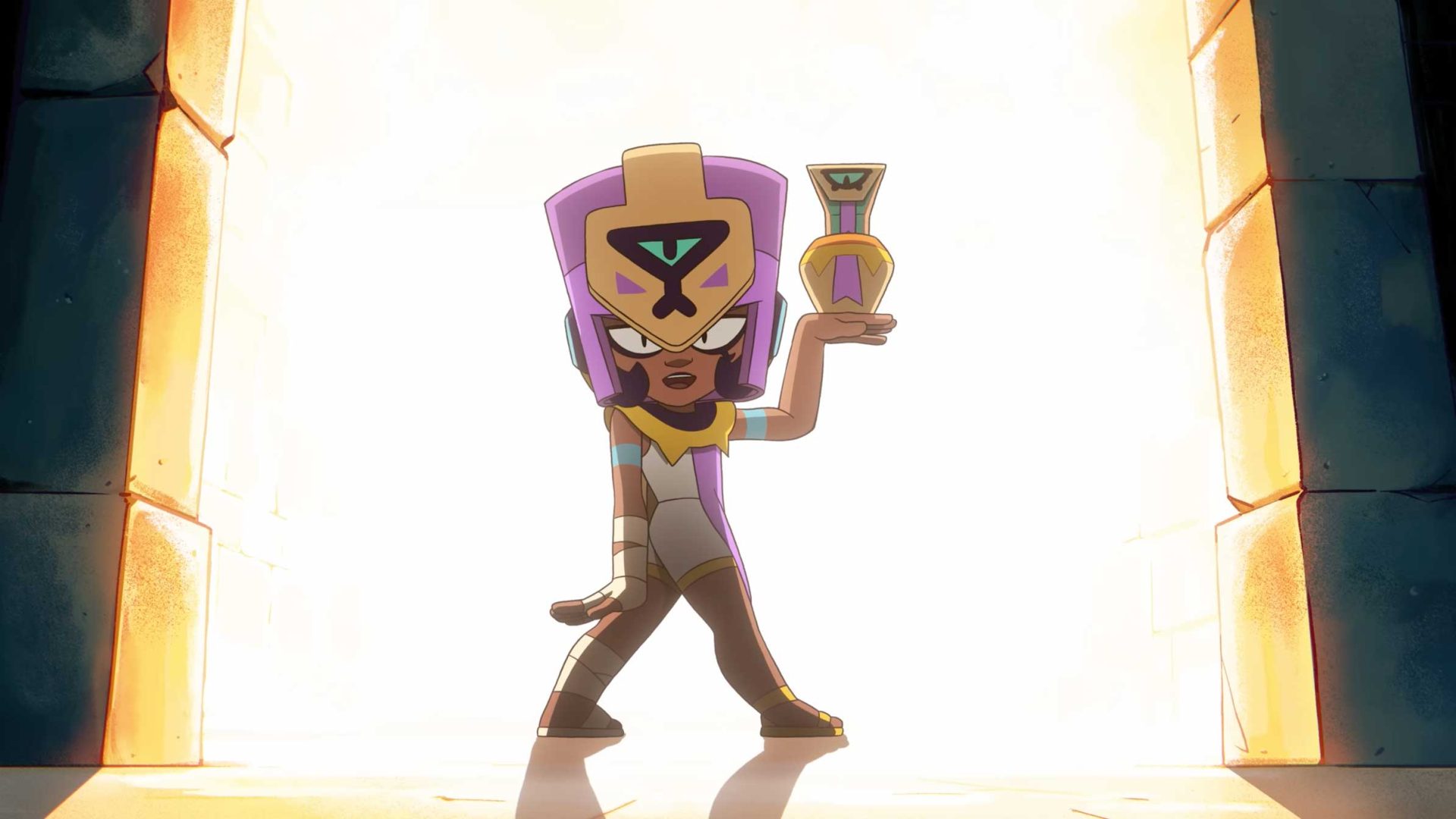 Animated character in Egyptian-inspired attire stands confidently in a sunlit doorway, evoking Taika Waititi’s flair, wearing a purple and gold headdress and holding a matching chalice, with dramatic light shining from behind. Frame from Stash Magazine article.