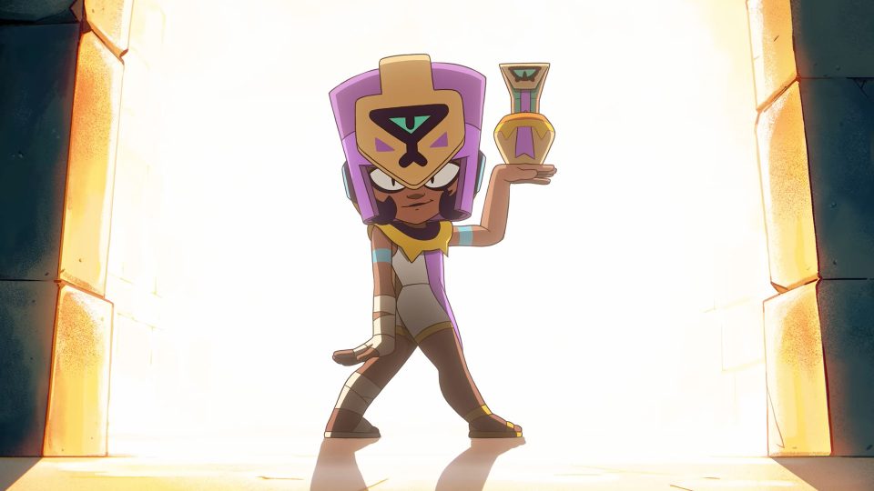 An animated character wearing a large purple and gold pharaoh-style headdress and holding a golden artifact stands confidently in a glowing, sunlit doorway, striking a dramatic pose inspired by Passion Paris's unique style. Frame from Stash Magazine article.