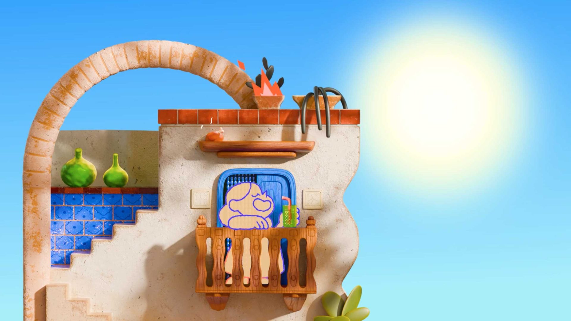 A sunlit, Mediterranean-style building with blue tiles, green vases, a wooden balcony, and kitchen utensils hanging below a window sets the stage for Tango Calor—a Short Film by Rocketpanda. The bright sun in the background shines against a clear blue sky, evoking warmth and storytelling charm. Frame from Stash Magazine article.