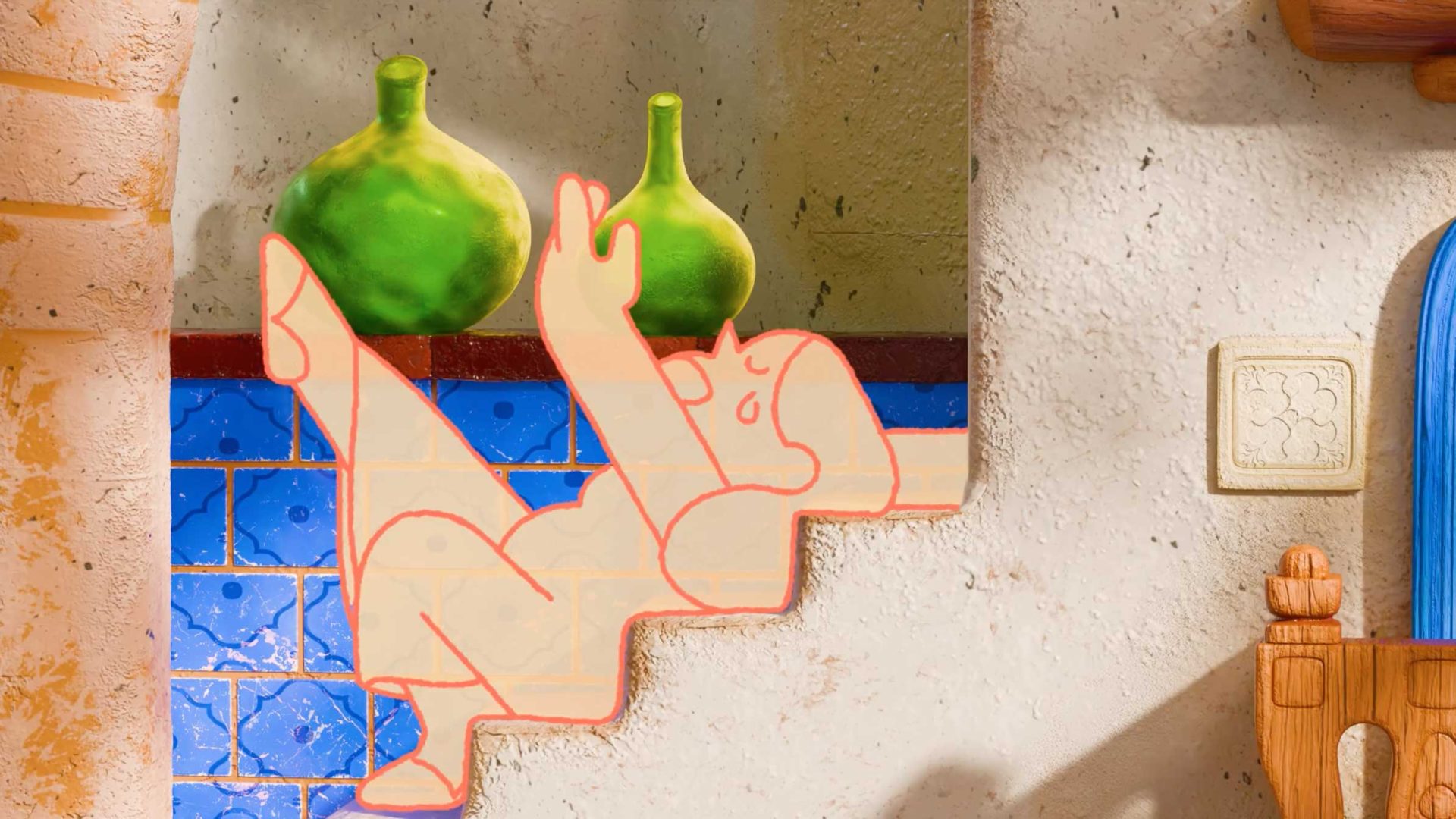 An orange outline of a person is reclining on blue-tiled stairs next to two green vases against a textured beige wall in a cozy, sunlit room, evoking the warm atmosphere of Tango Calor Short Film by Rocketpanda. Frame from Stash Magazine article.
