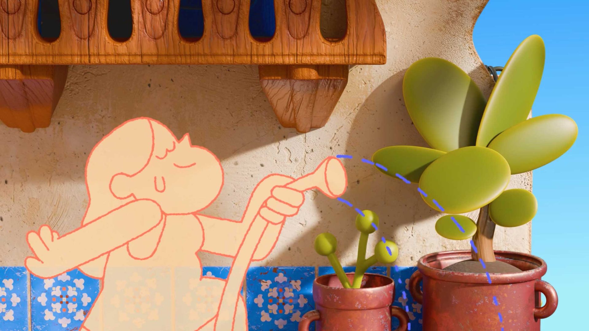 A cartoon figure waters potted plants on a tiled patio under a wooden shelf, with water spilling off one of the plant leaves in this vibrant scene from the Rocketpanda short film. Frame from Stash Magazine article.
