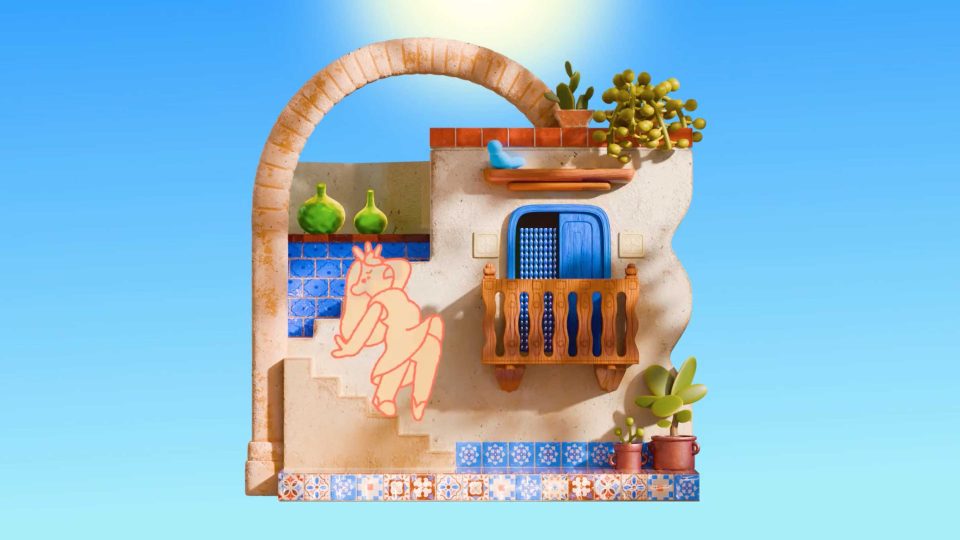 A Mediterranean-style house facade with blue door, balcony, tiled stairs, plants, and a simple orange line drawing of a dancing figure on the wall—evoking the vibrant spirit of Tango Calor Short Film by Rocketpanda—set against a bright blue sky. Frame from Stash Magazine article.