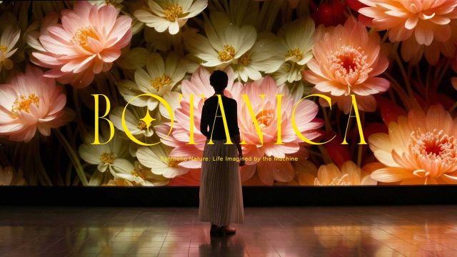 A person in a long skirt stands facing a vibrant, large digital display of blooming orange and white flowers with the text “BOTANICA” overlaid in bold yellow letters, inspired by the Tavo-Studio-short-film-Botanica. Frame from Stash Magazine article.