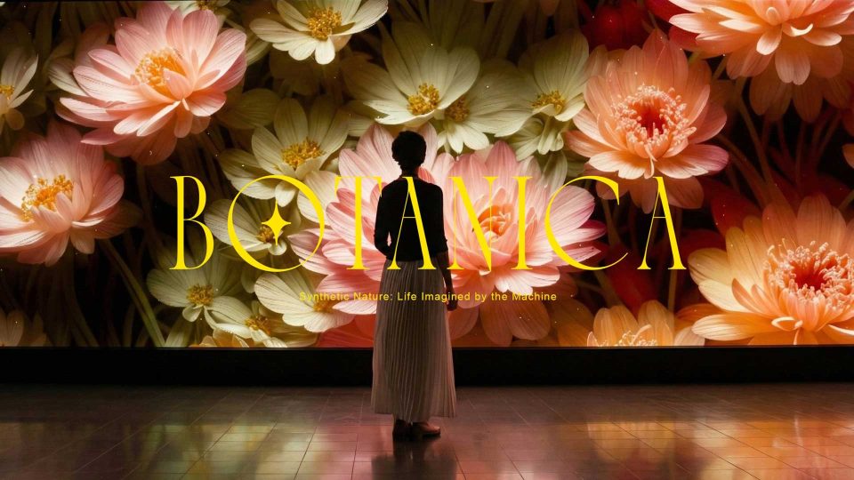 A person in a long skirt stands facing a vibrant, large digital display of blooming orange and white flowers with the text “BOTANICA” overlaid in bold yellow letters, inspired by the Tavo-Studio-short-film-Botanica. Frame from Stash Magazine article.