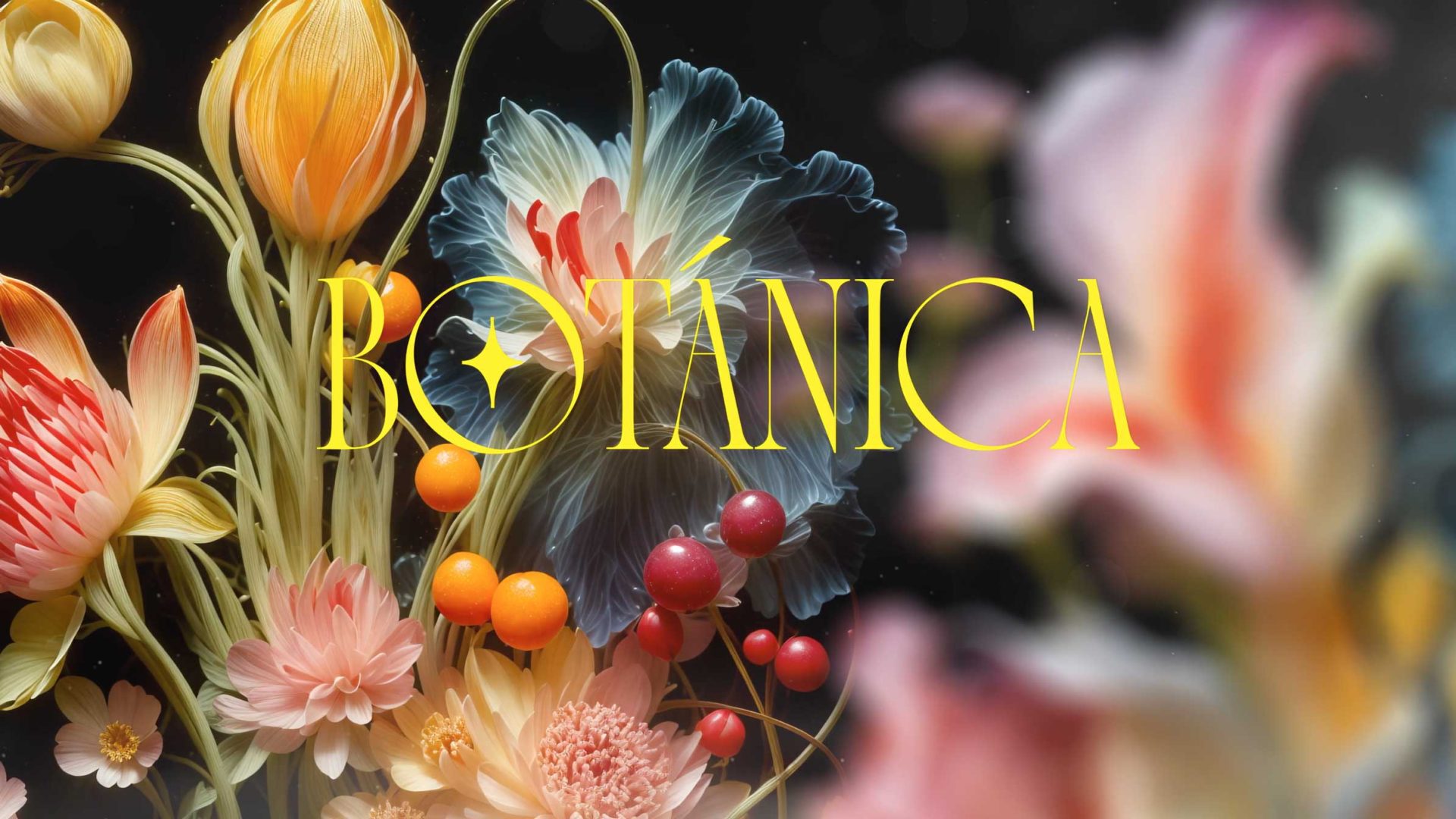 The word “BOTÁNICA” in bright yellow font appears over an arrangement of colorful, detailed flowers and berries on a dark background, evoking the lush aesthetic of Tavo Studio and the vibrant spirit of the new world. Frame from Stash Magazine article.