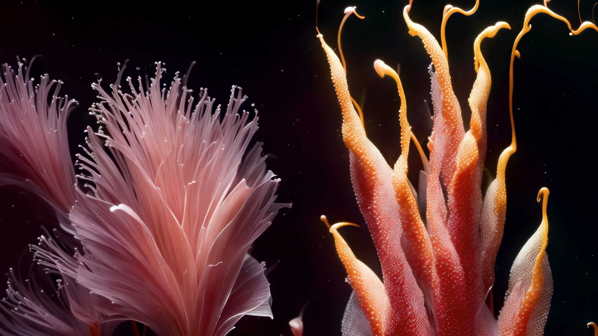 Delicate, pink coral-like sea creatures with flowing, feathery tendrils and curling, orange-tipped appendages, inspired by Botanica aesthetics from Tavo Studio, set against a dark background. Frame from Stash Magazine article.