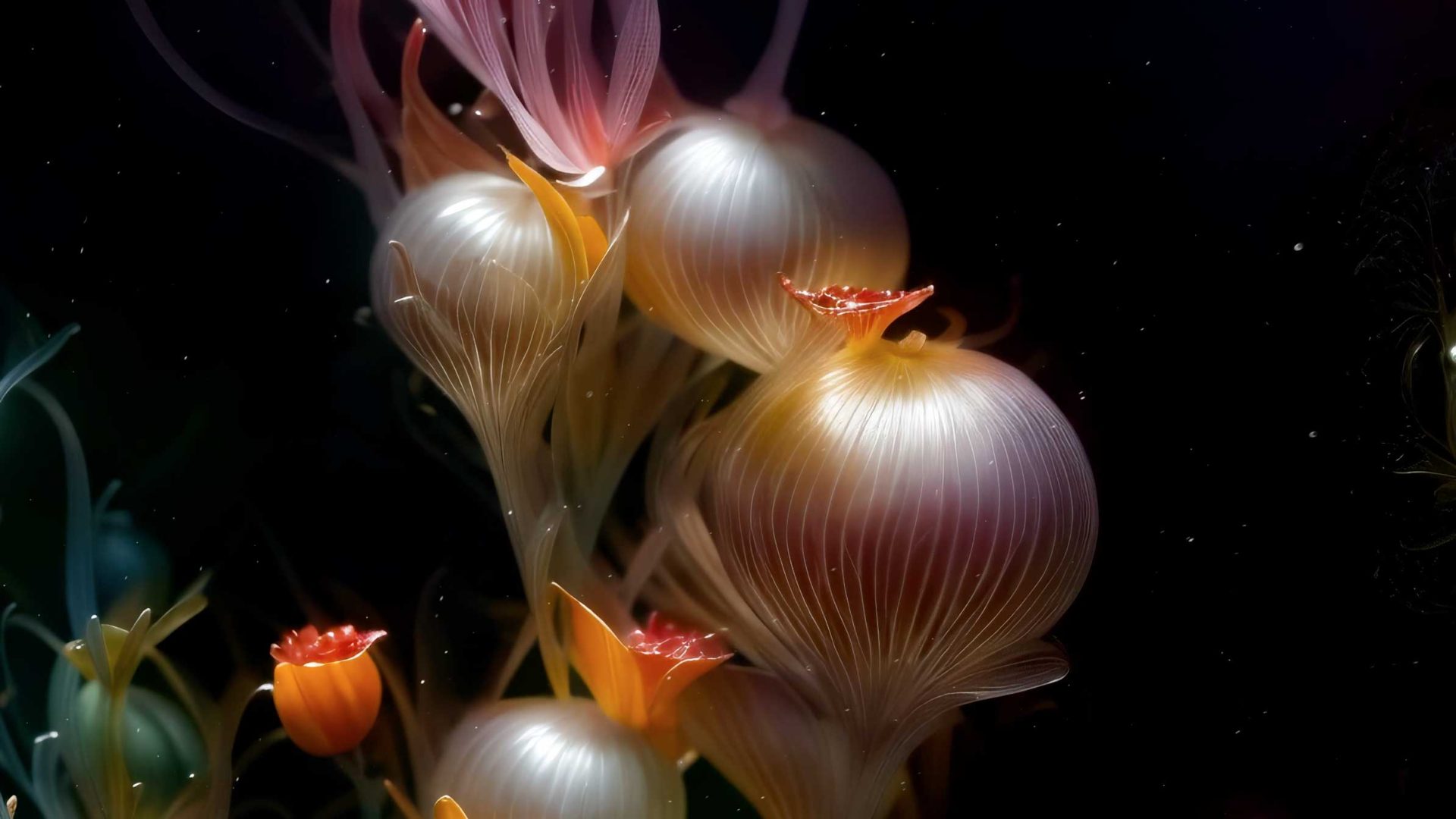 Translucent, glowing, bulb-like flowers with ribbed petals and orange centers rise against a dark background, creating a delicate and ethereal underwater or fantasy Botanica scene by Tavo Studio. Frame from Stash Magazine article.
