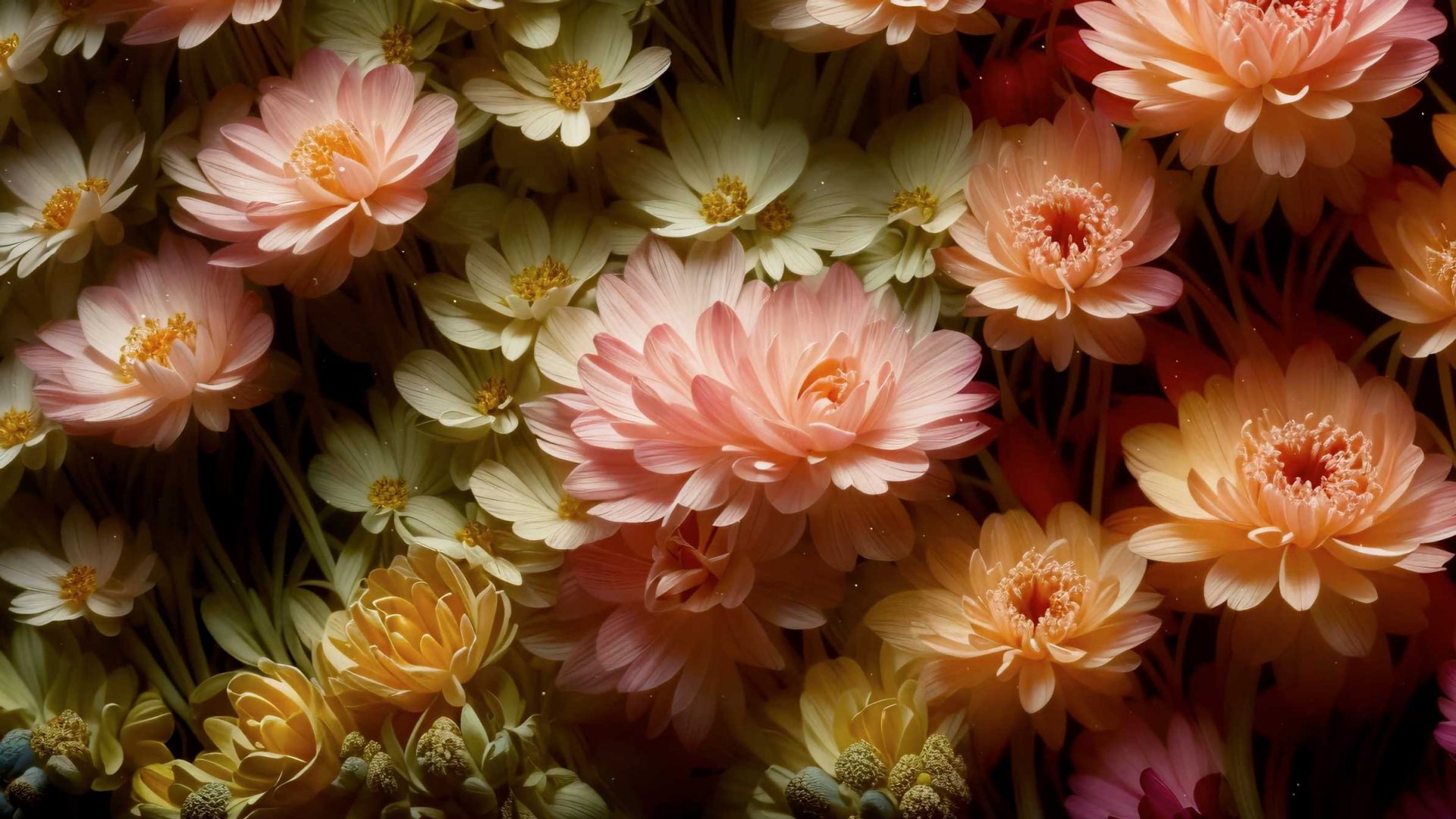 A dense arrangement of blooming flowers in soft pastel shades of pink, peach, cream, and yellow, with layered petals and lush green stems, creating a vibrant and textured floral display by Tavo Studio’s Botanica collection. Frame from Stash Magazine article.