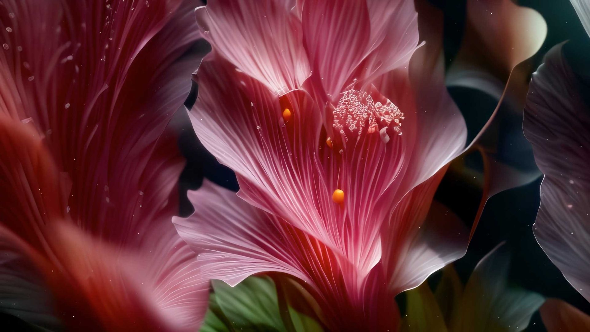 Close-up of vibrant pink and red flower petals with delicate veins, yellow pollen, and soft lighting, evoking a lush, ethereal scene reminiscent of Tavo-Studio-short-film-Botanica against a dark background. Frame from Stash Magazine article.