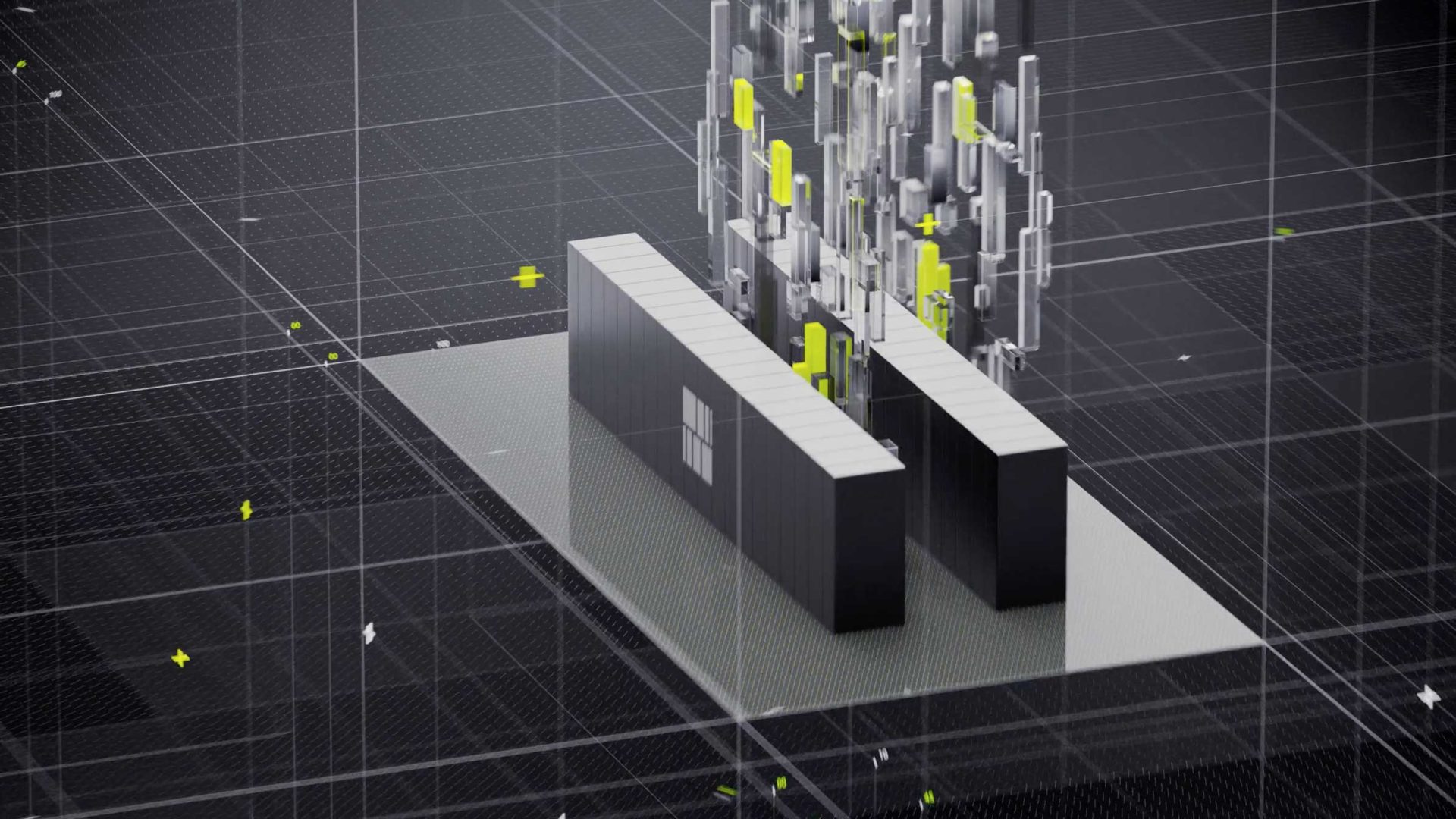A digital illustration by Found Studio shows a gray and black abstract structure with rectangular blocks on a grid background. Several floating bars and yellow highlights rise from the top, evoking advanced data or Math Power Product technology. Frame from Stash Magazine article.