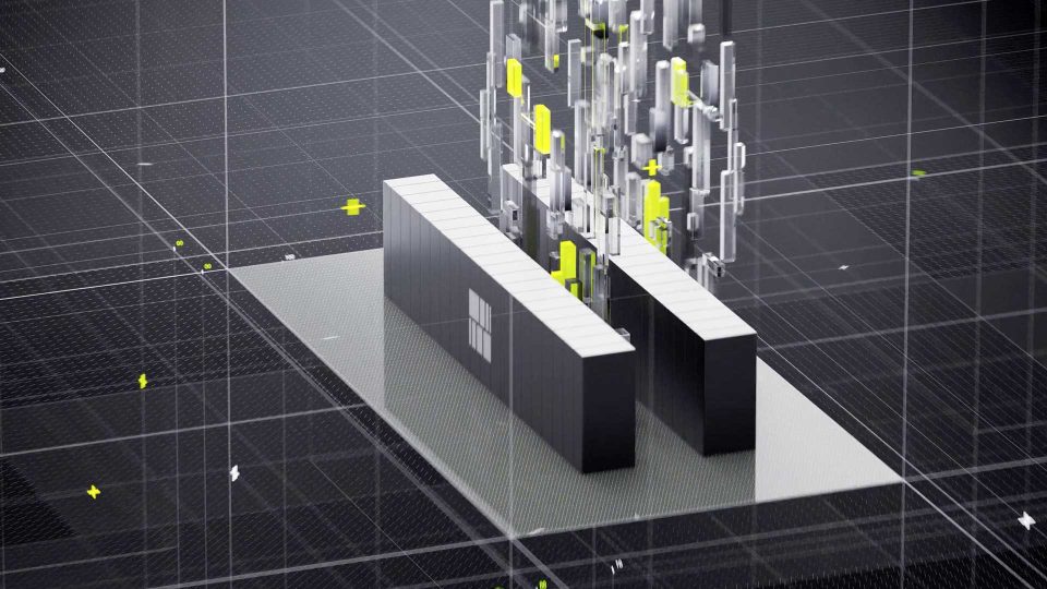 A 3D-rendered image of two black rectangular blocks with a white Microsoft logo, featured in the Tensordyne Math Power Product Film by Found Studio, surrounded by floating translucent and yellow geometric shapes on a gray grid-like surface. Frame from Stash Magazine article.