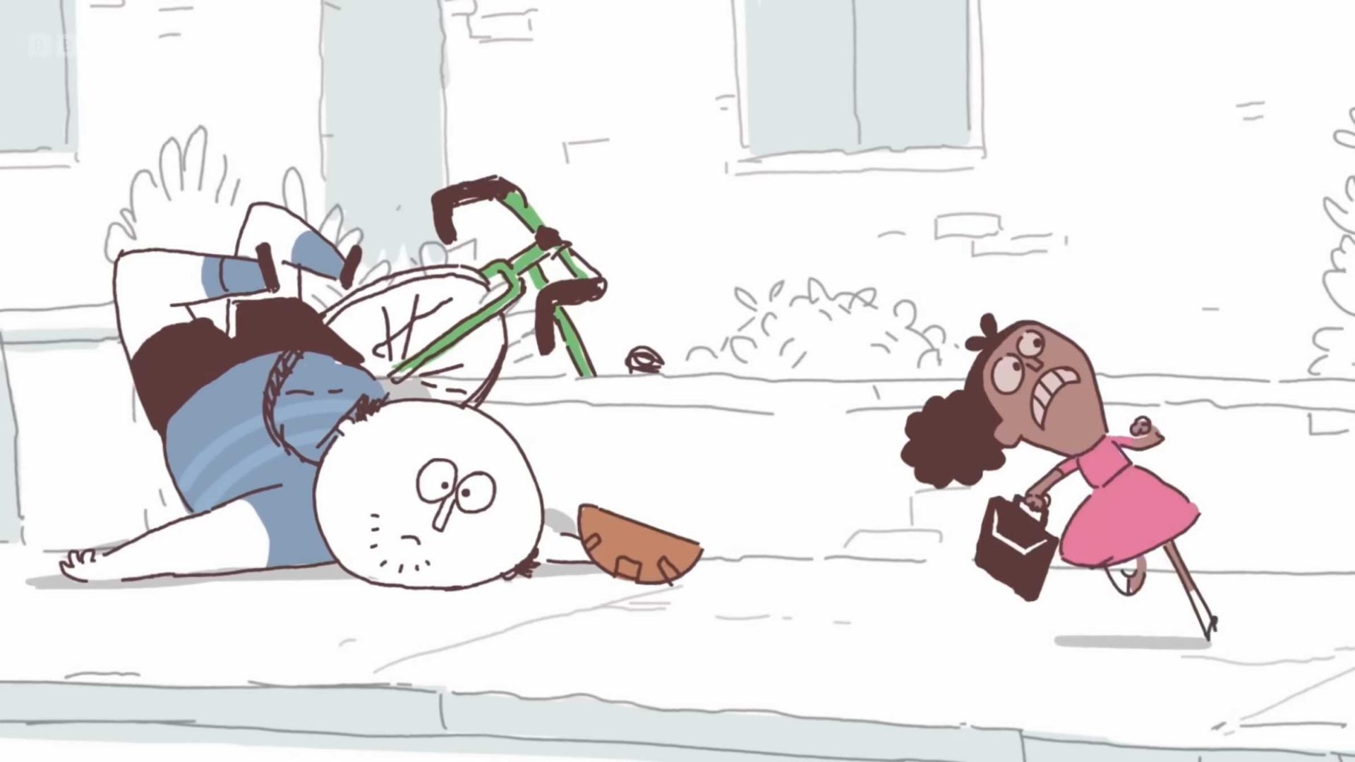 A cartoon by Ant Blades of Birdbox Studio shows a person falling off a green bicycle on the sidewalk, while a startled girl with curly hair and a book bag looks back at them as she runs away—a classic scene reminiscent of *The Close*’s quirky neighborhood mishaps. Frame from Stash Magazine article.