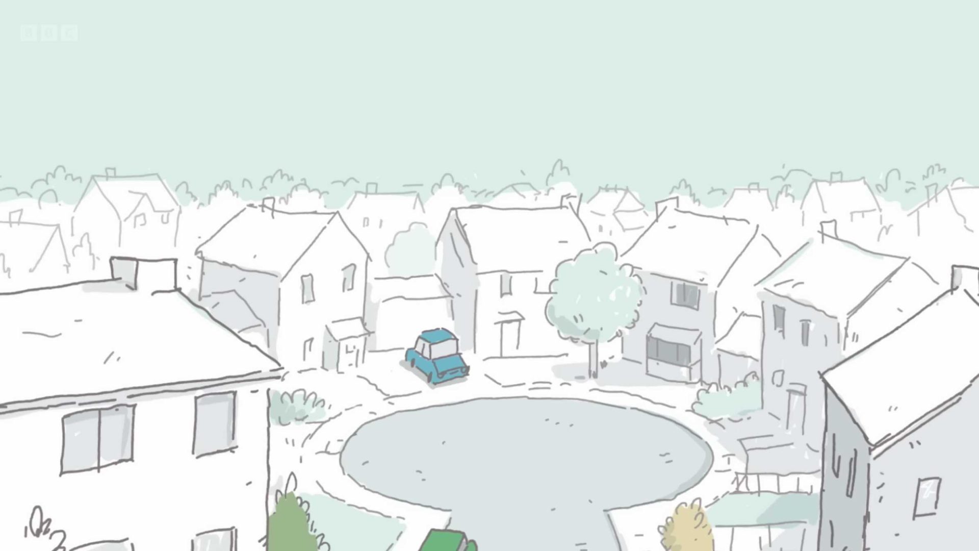 A simple, pastel-colored illustration of a suburban cul-de-sac captures the gentle charm of The Close by Ant Blades and Birdbox Studio, with several houses surrounding a circular road. One blue car and a green car are parked near the center, and trees dot the quiet neighborhood. Frame from Stash Magazine article.