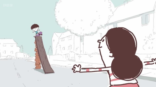 A cartoon child stands on a tall ramp with a skateboard, while another child with open arms stands below, appearing to encourage or support them in a suburban neighborhood—reminiscent of the playful spirit found in The Close animated short film by Ant Blades & Birdbox Studio for BBC. Frame from Stash Magazine article.