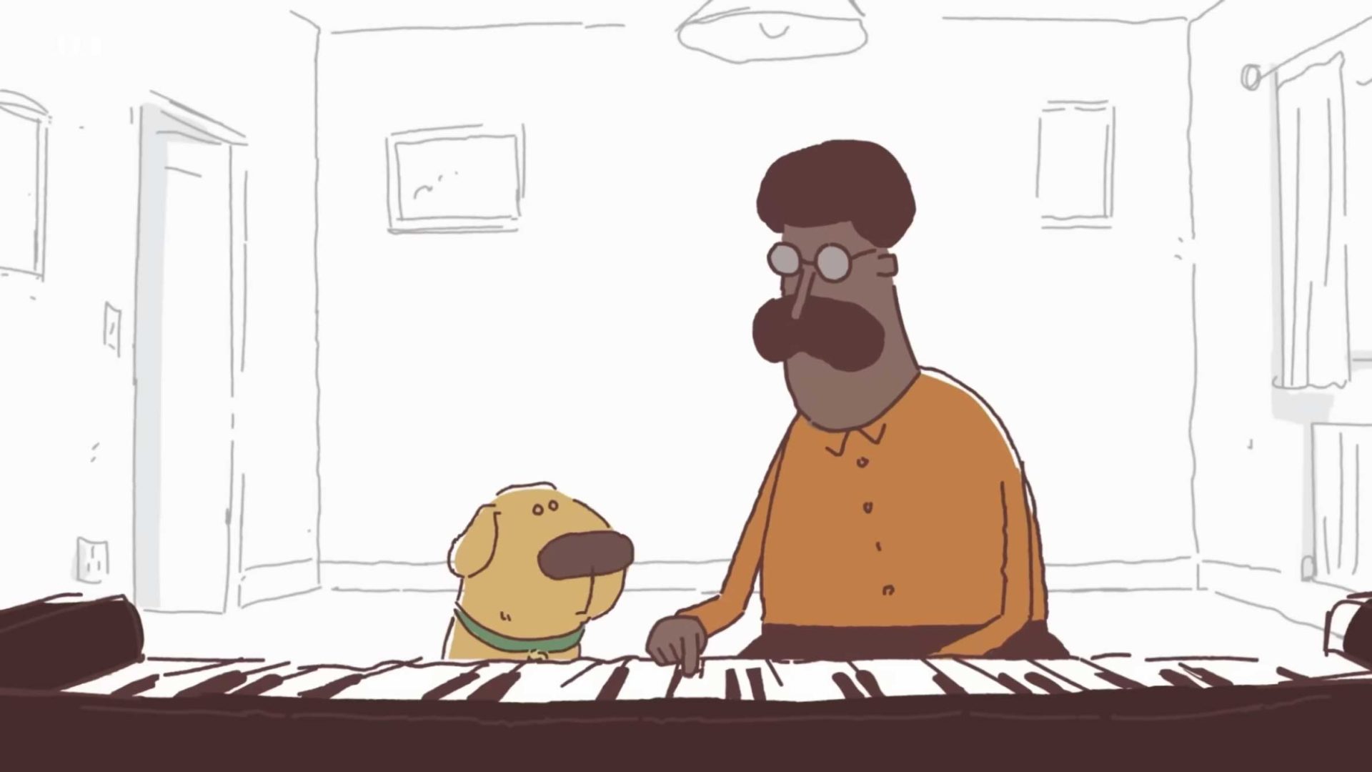 A cartoon man in glasses and an orange shirt sits at a piano with a cartoon dog beside him, both looking at the piano keys. The background is a simple, line-drawn room, reminiscent of the playful animation style found in Birdbox Studio's creations by Ant Blades. Frame from Stash Magazine article.
