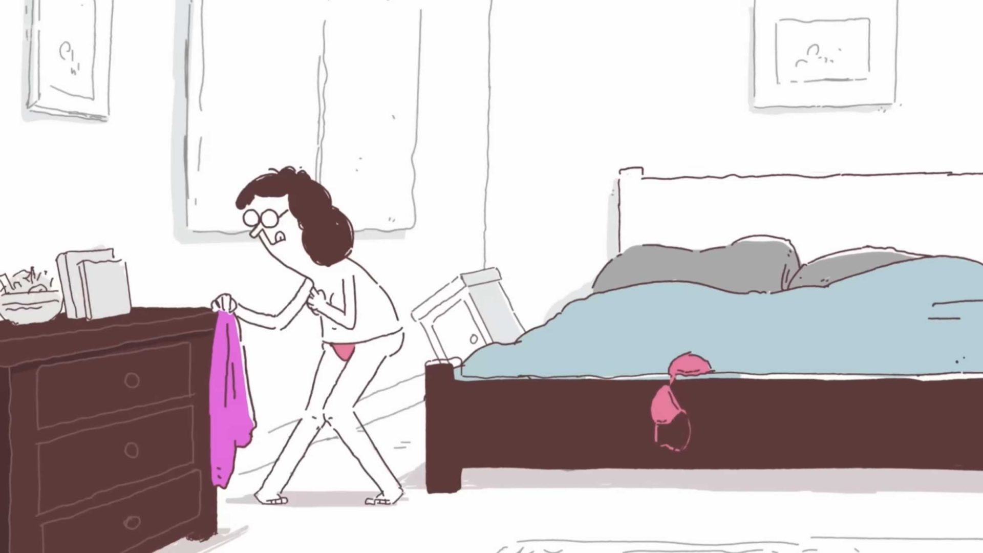 A cartoon person in underwear holds up a shirt in a bedroom, facing a dresser. The bed behind has rumpled blue covers and a pink bra draped over the edge, reminiscent of scenes from Ant Blades’ Birdbox Studio animations. The room appears tidy except for the bed. Frame from Stash Magazine article.