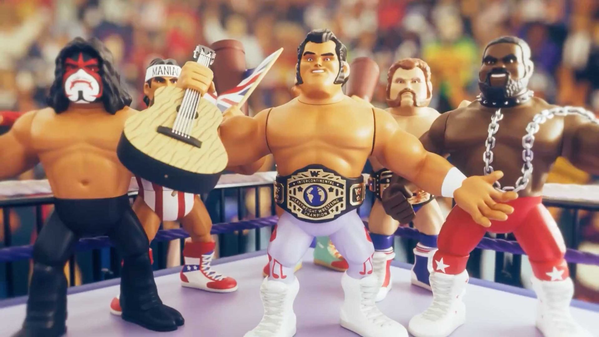Five wrestling action figures stand in a ring, channeling the Golden Era of Wrestling. One stands center stage with a championship belt, while others sport masks, chains, and a guitar. The background hints at a cheering crowd. Frame from Stash Magazine article.