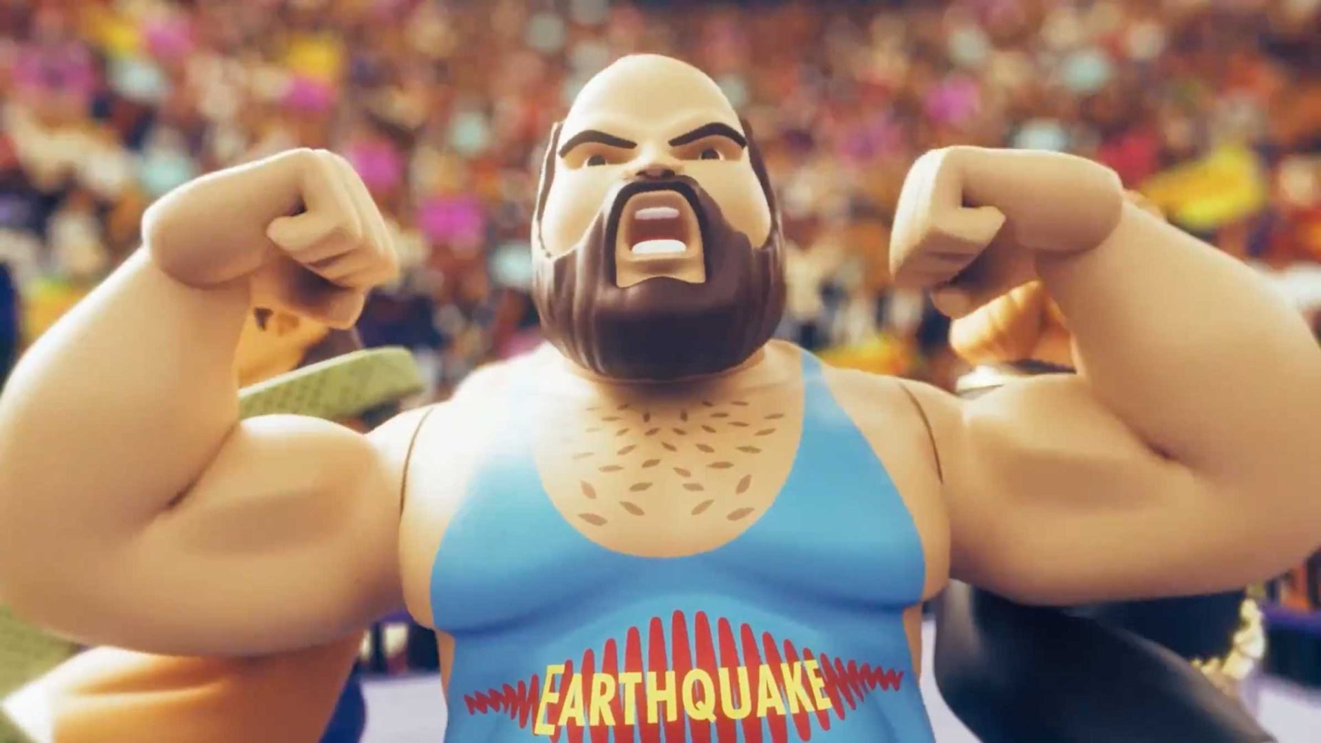 An animated wrestler with a beard flexes his arms and yells in a blue EARTHQUAKE singlet, featuring a red and yellow pattern. Inspired by The Golden Era of Wrestling promo video by Cub Studio, he performs before a cheering, blurred crowd. Frame from Stash Magazine article.