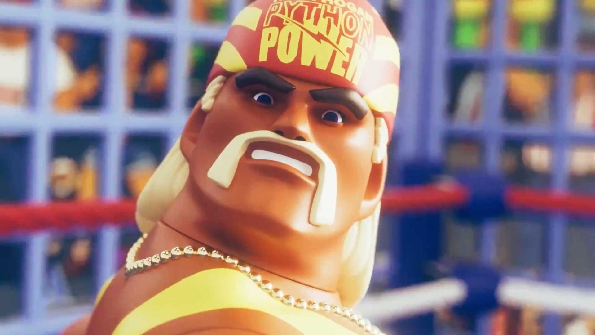 A muscular animated wrestler with long blond hair, a handlebar mustache, and a headband reading PYTHON POWER stands in a wrestling ring, looking surprised or intense—straight out of The Golden Era of Wrestling promo video by Cub Studio. Frame from Stash Magazine article.