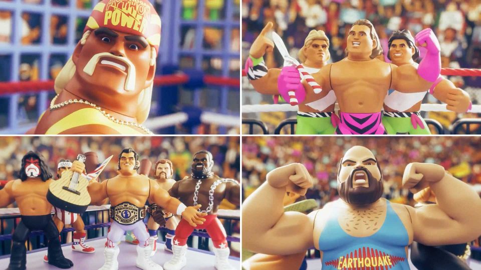 Animated wrestling action figures from The Golden Era of Wrestling promo video by Cub Studio pose in a ring, with a cheering crowd in the background. The figures wear colorful costumes and strike dramatic, powerful poses in four different scenes. Frame from Stash Magazine article.