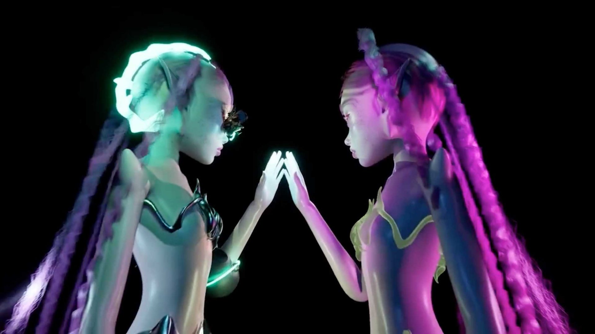 Two futuristic, doll-like figures with glowing blue and pink lighting face each other, touching palms, against a black background. They have long hair and wear metallic, sci-fi outfits—an evocative tableau inspired by "Not Just a Living" for University of the Arts London. Frame from Stash Magazine article.