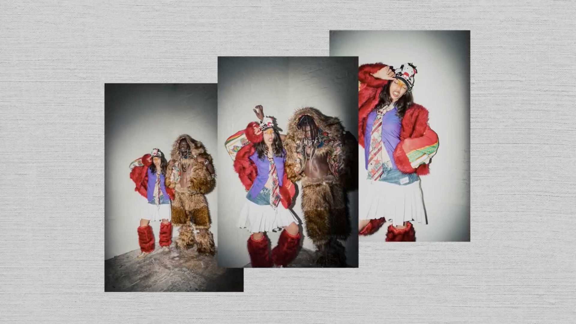 Two people in colorful, layered outfits and furry boots pose playfully against a white wall—a scene that captures the creative energy of University of the Arts London. The photo is shown in three overlapping frames with a gray textured background, embodying the spirit to Make a Life Not Just a Living. Frame from Stash Magazine article.