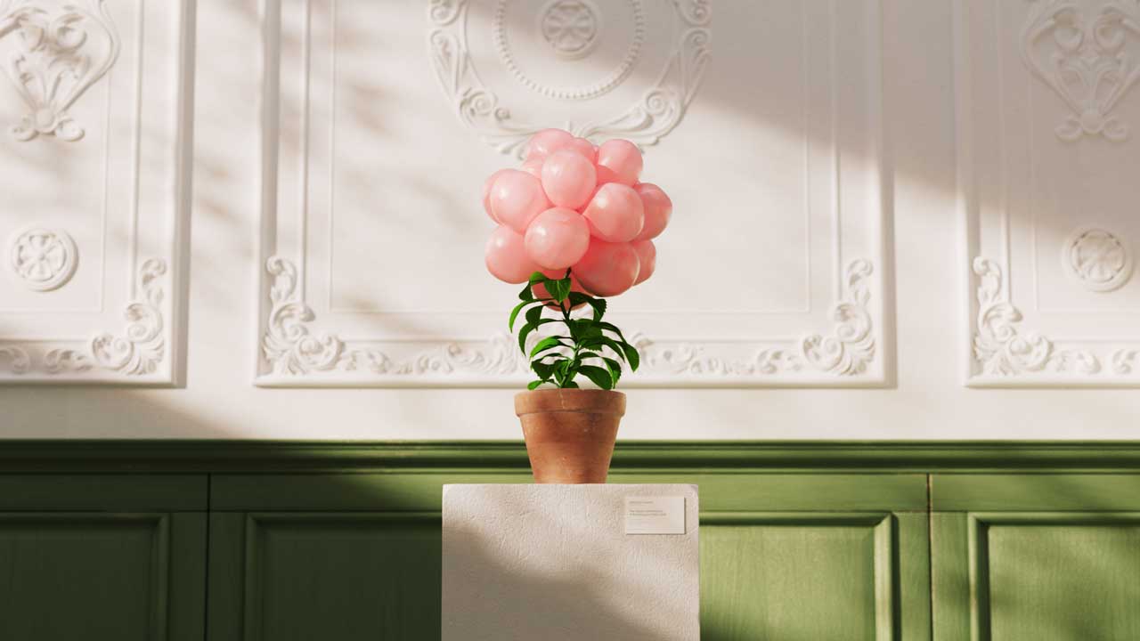 A potted Bubblegum Plant sits on a pedestal, but instead of flowers, pink balloons float in a playful cluster above its green leaves. The background features ornate white wall molding and green paneling, evoking the whimsical visual style of a Sebastian Marek short film. Frame from Stash Magazine article.
