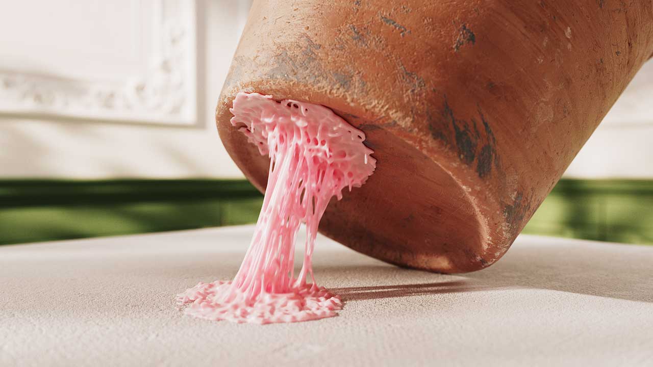 A clay pot tipped on its side with pink, sticky gum-like substance—reminiscent of the peculiar Bubblegum Plant—oozing and stretching onto a white surface. Frame from Stash Magazine article.