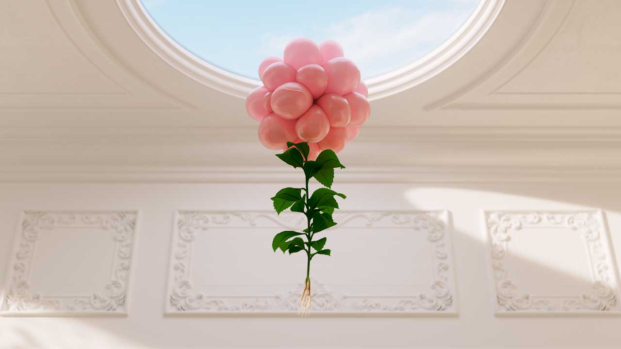 A plant with green leaves and roots floats indoors, topped with a cluster of pink balloons like a whimsical Bubblegum Plant, under a round skylight in an ornate white ceiling—straight out of a Sebastian Marek short film. Frame from Stash Magazine article.