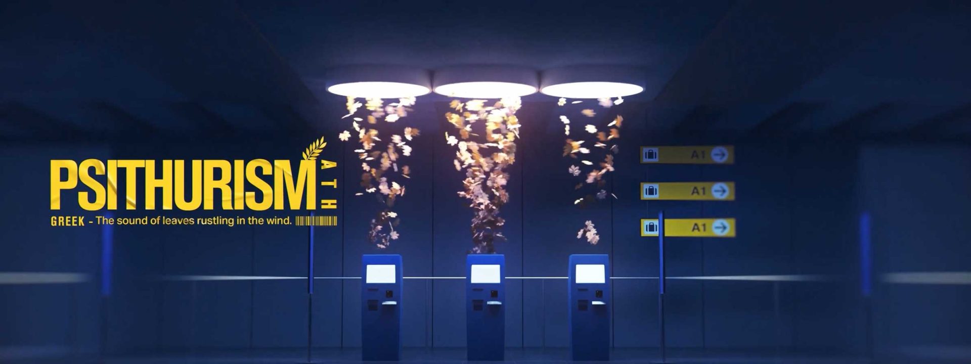 Three ticket kiosks are illuminated as leaves swirl down from three circular ceiling lights. The word Psithurism and its definition glow in yellow on the left, echoing themes from Ivan Miguel's Untranslatable Forest short film. Frame from Stash Magazine article.