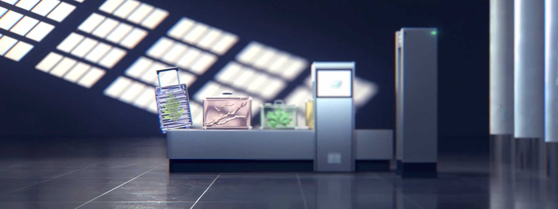 A luggage scanner displays the X-ray images of a suitcase, grill, and plant on a conveyor belt in a modern, well-lit security checkpoint area, echoing visuals from Ivan Miguel’s short film "Untranslatable Forest. Frame from Stash Magazine article.