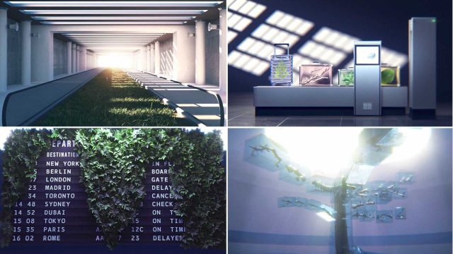 A collage of four futuristic airport scenes by Ivan Miguel: a bright, empty boarding tunnel; a sleek, modern check-in counter; a departures board next to a green wall; and a luminous tree-like structure with glass branches. Frame from Stash Magazine article.