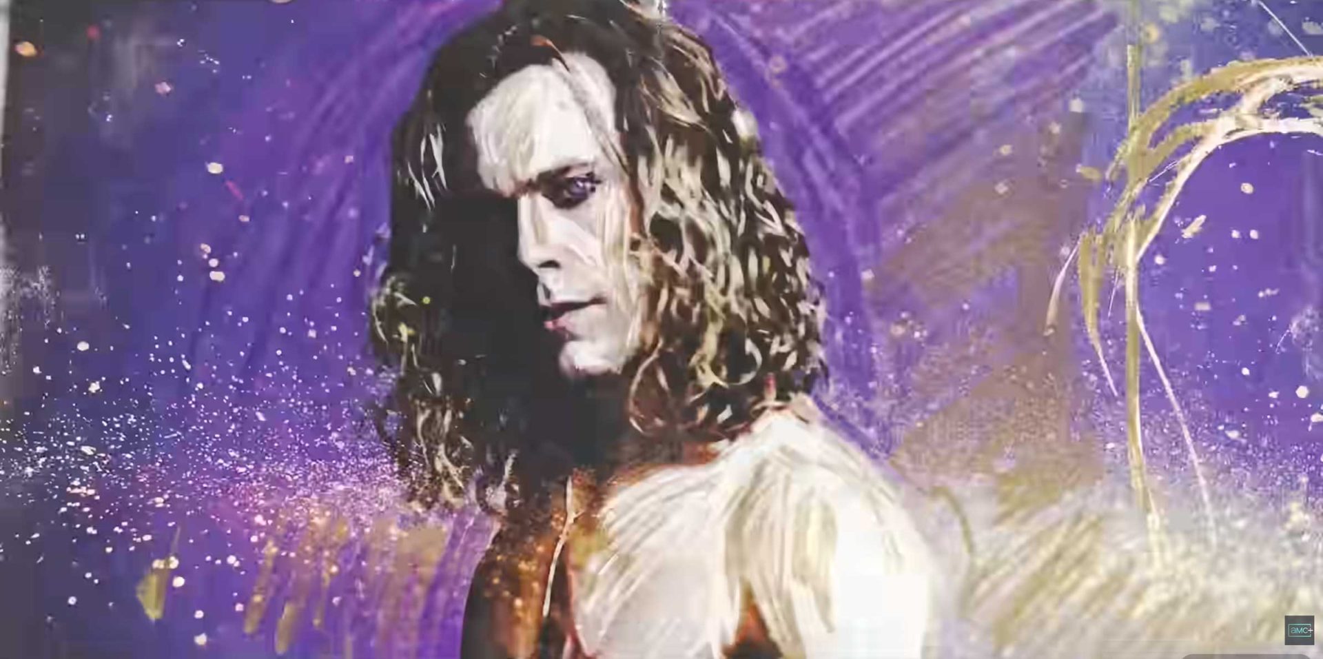 A stylized digital painting inspired by Anne Rice’s The Vampire Lestat, featuring a person with long curly hair looking over their shoulder against a vibrant purple and gold abstract background with sparkling accents. Frame from Stash Magazine article.