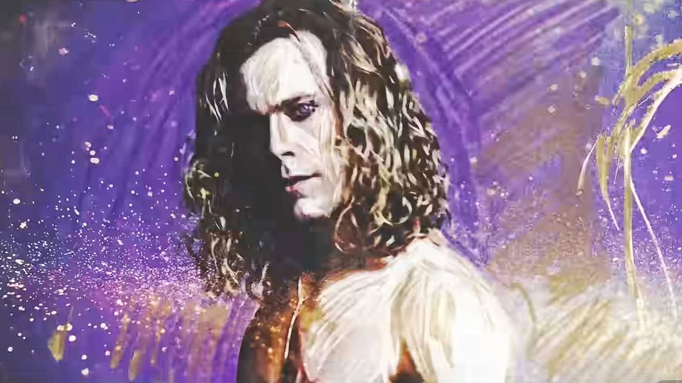 A digital painting of a person with long, wavy blond hair against a purple and gold abstract background, looking over their shoulder with a serious expression, inspired by The Vampire Lestat Opening Titles AMC by Antibody. Frame from Stash Magazine article.