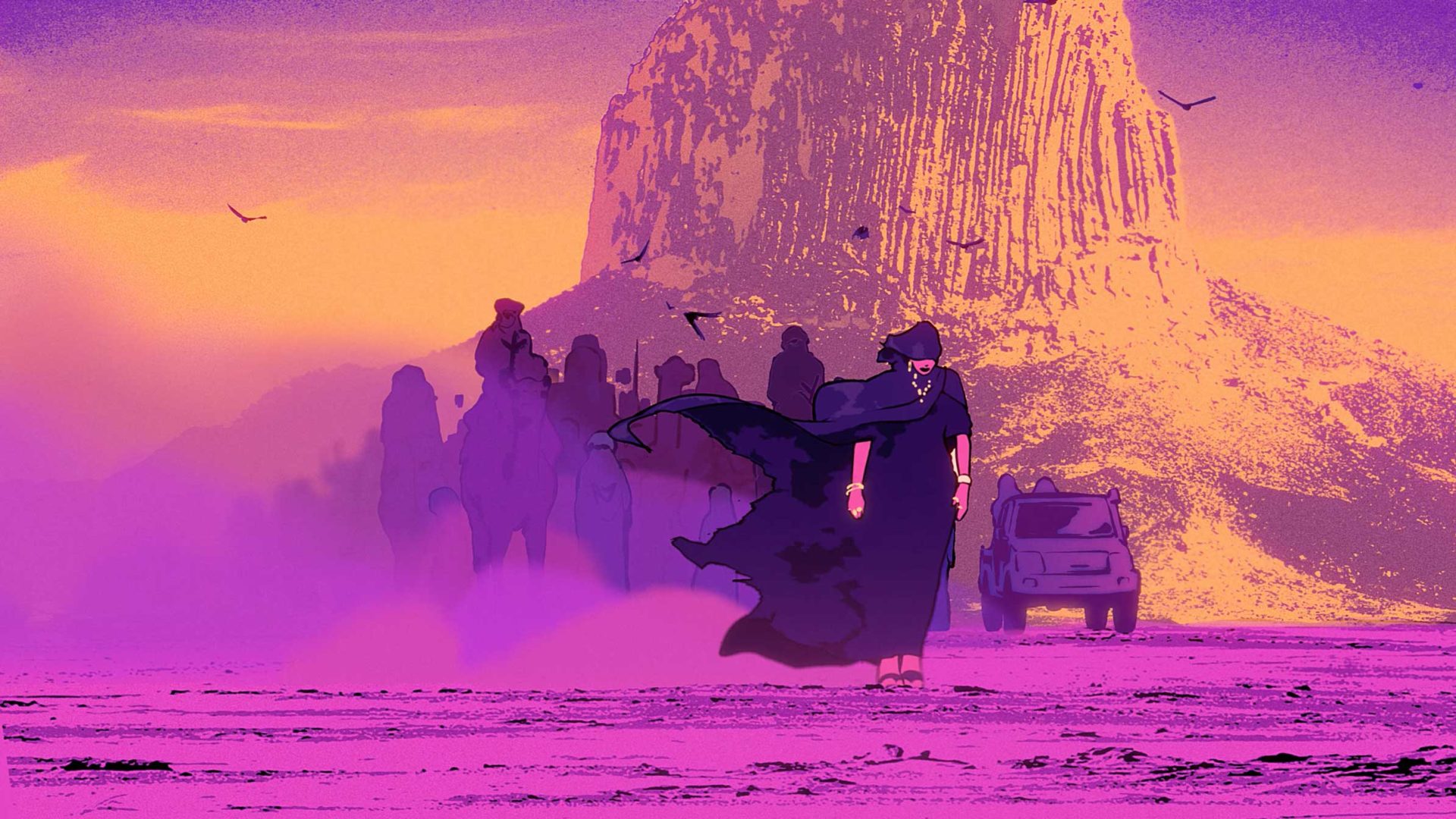 A cloaked figure walks across a vivid, purple-hued desert in the style of the Tinariwen "Erghad Afewo" music video by Axel Digoix and WIZZ. Shadowy people, camels, birds, a rocky mesa, and an off-road vehicle appear under an orange-yellow sky. Frame from Stash Magazine article.