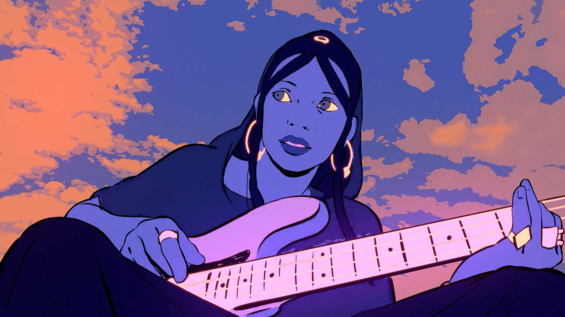 Animated image of a woman playing an electric bass guitar, surrounded by blue and purple hues. She has hoop earrings, looks to the side as pink clouds fill the sky behind her—a scene inspired by the vibrant energy of Tinariwen. Frame from Stash Magazine article.