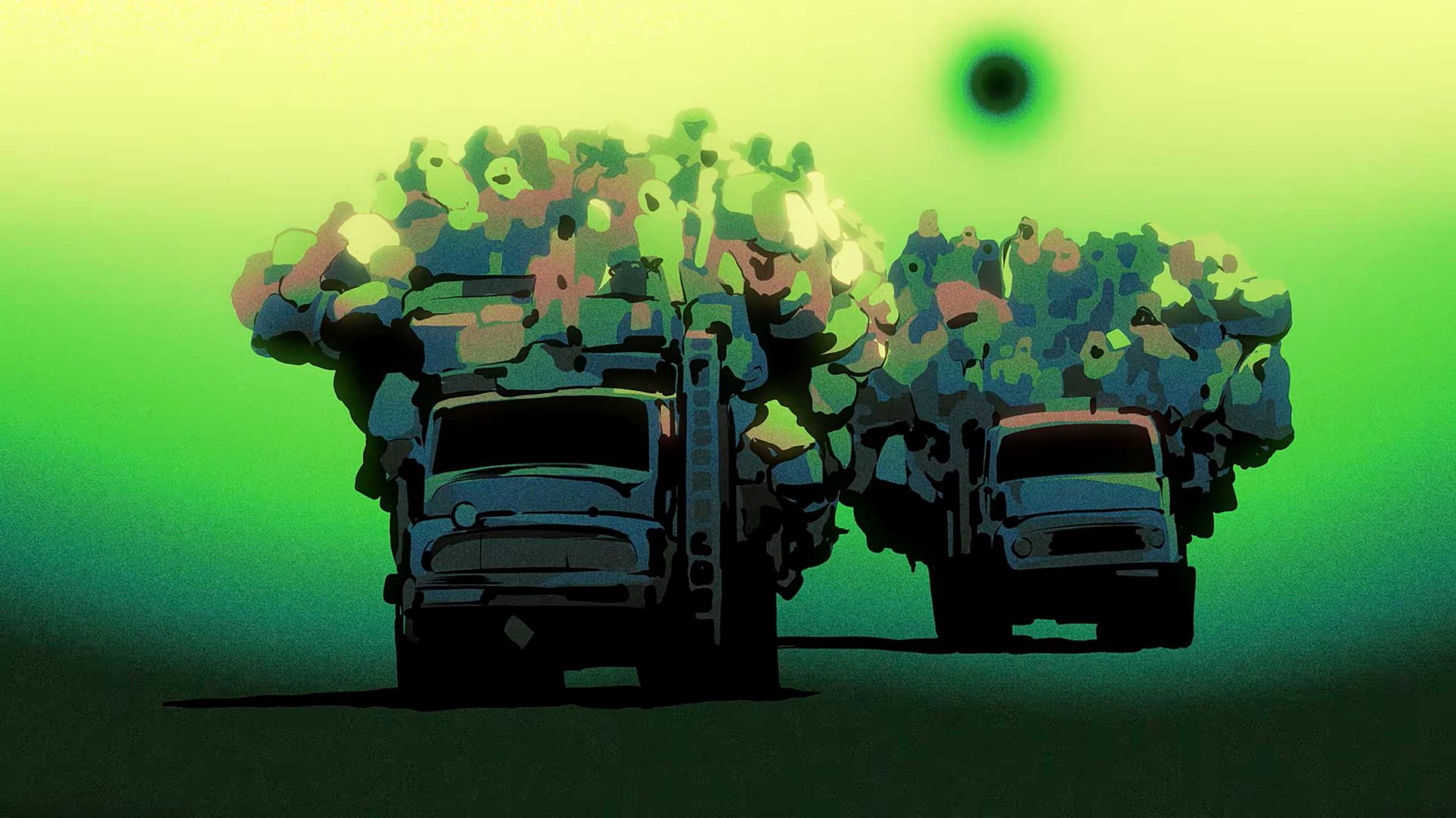 Two trucks overloaded with people drive across a green-hued landscape under a glowing sky with a single dark orb, in a stylized, surreal digital art style inspired by the sounds of Tinariwen and visual influences of Axel Digoix. Frame from Stash Magazine article.