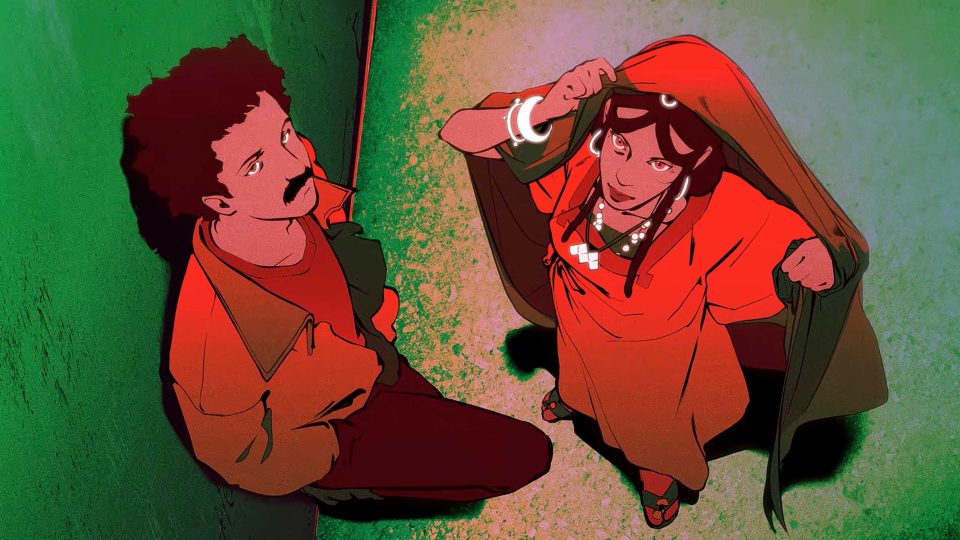 An animated man with a mustache sits against a green wall, looking up. Next to him, a woman in a red dress and jewelry lifts her shawl, both bathed in dramatic lighting—like a scene from a Tinariwen music video. Frame from Stash Magazine article.