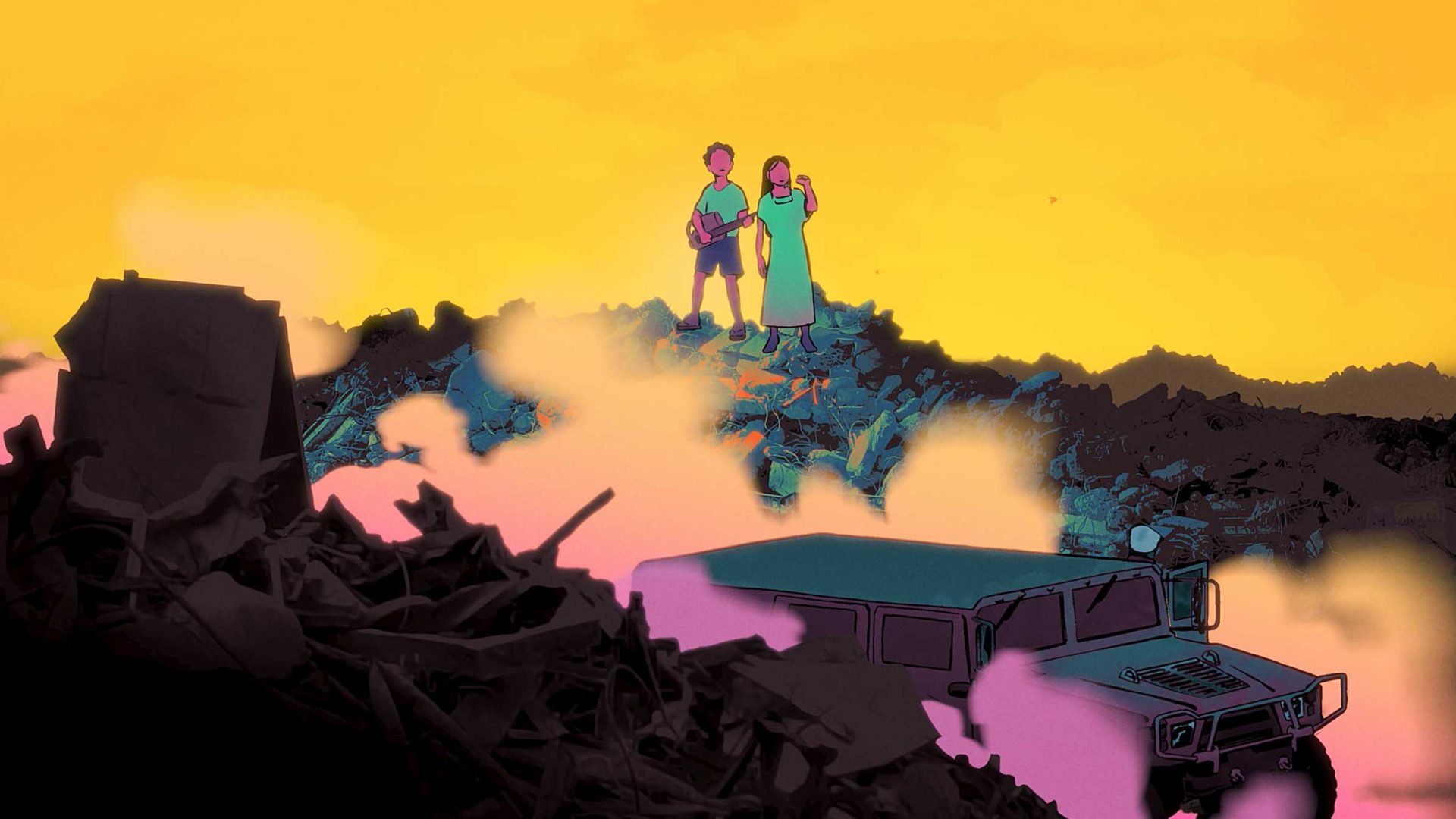 Two people stand atop a pile of debris, one shielding their eyes and the other holding something. Smoke or mist rises around them, with a vehicle in the foreground. The vivid yellow-orange sky gives the scene a surreal music video feel, reminiscent of Tinariwen. Frame from Stash Magazine article.