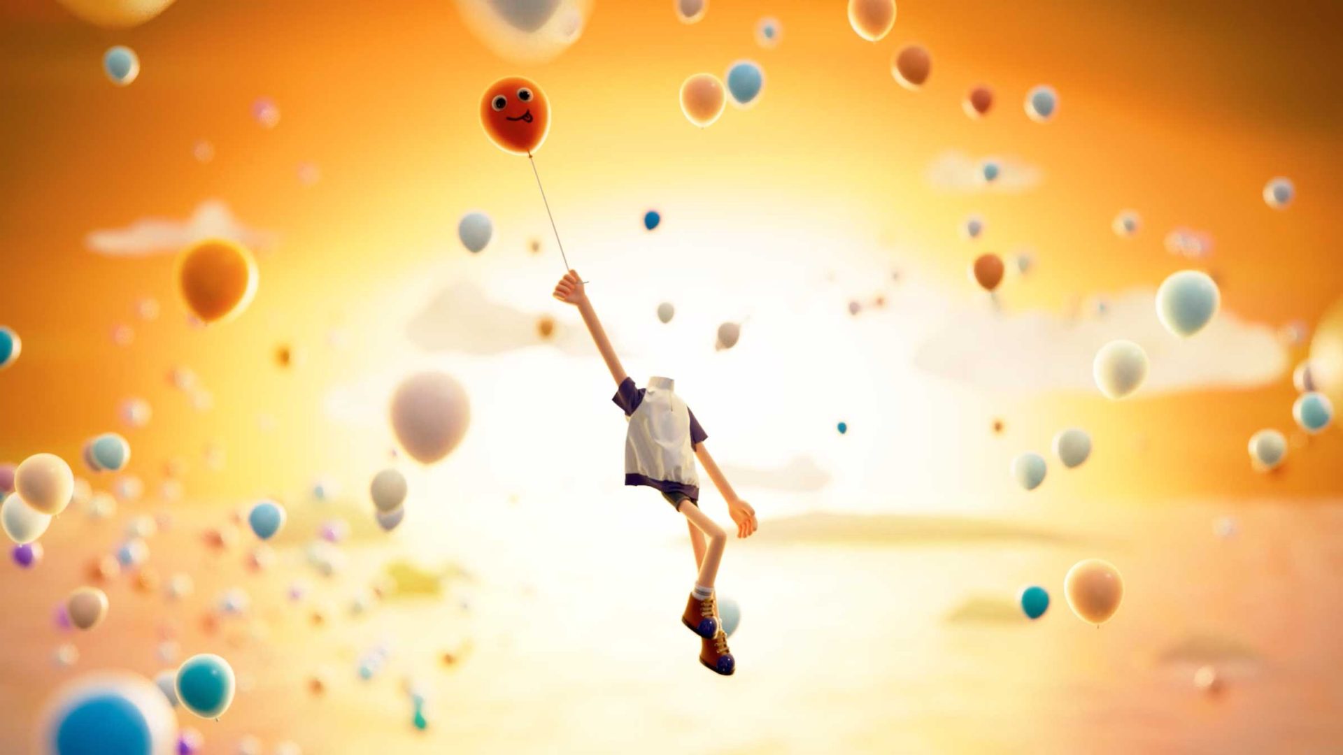 A headless figure in a shirt and shorts floats through the air, holding a single orange balloon with a face, surrounded by many other colorful balloons in this scene from the short film Together against a sunset sky. Frame from Stash Magazine article.
