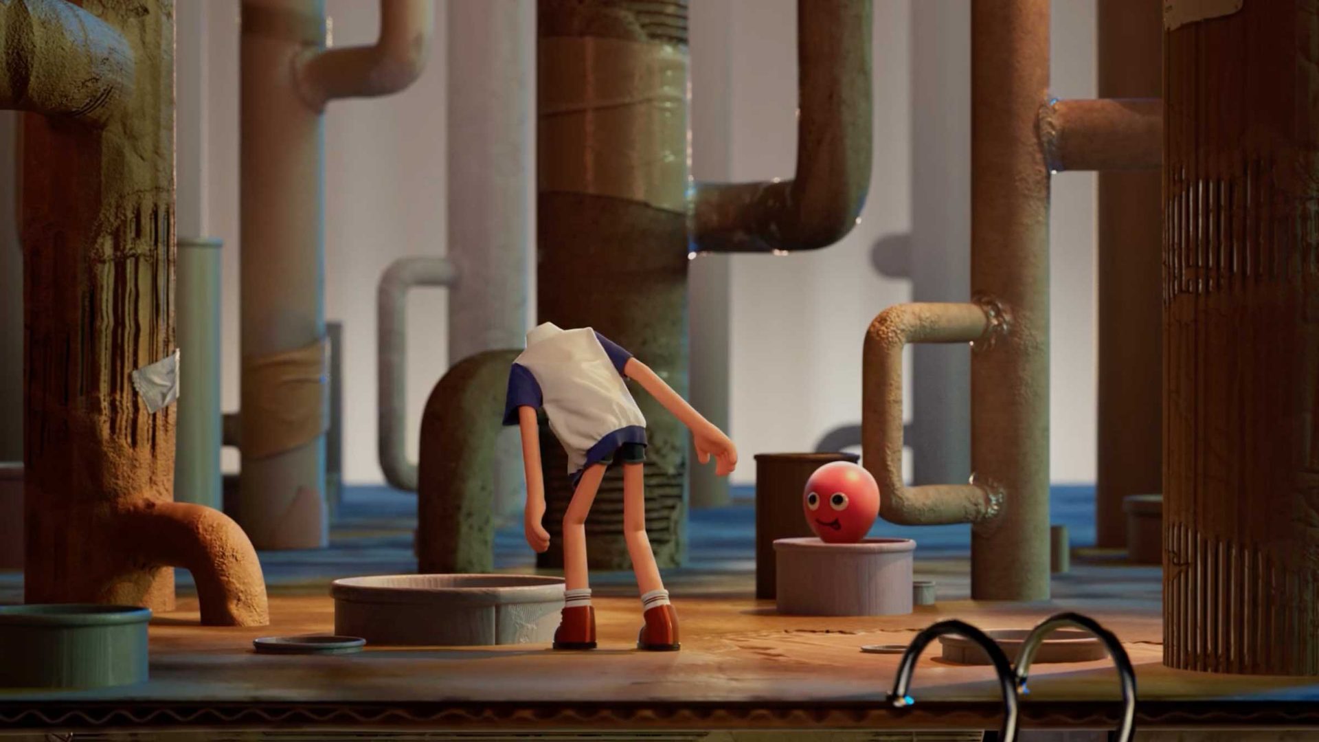 A headless cartoon character from the short film Kim Soobin wears a white shirt and shorts while standing in a space filled with industrial pipes, facing a small, smiling red sphere on a pedestal. Frame from Stash Magazine article.