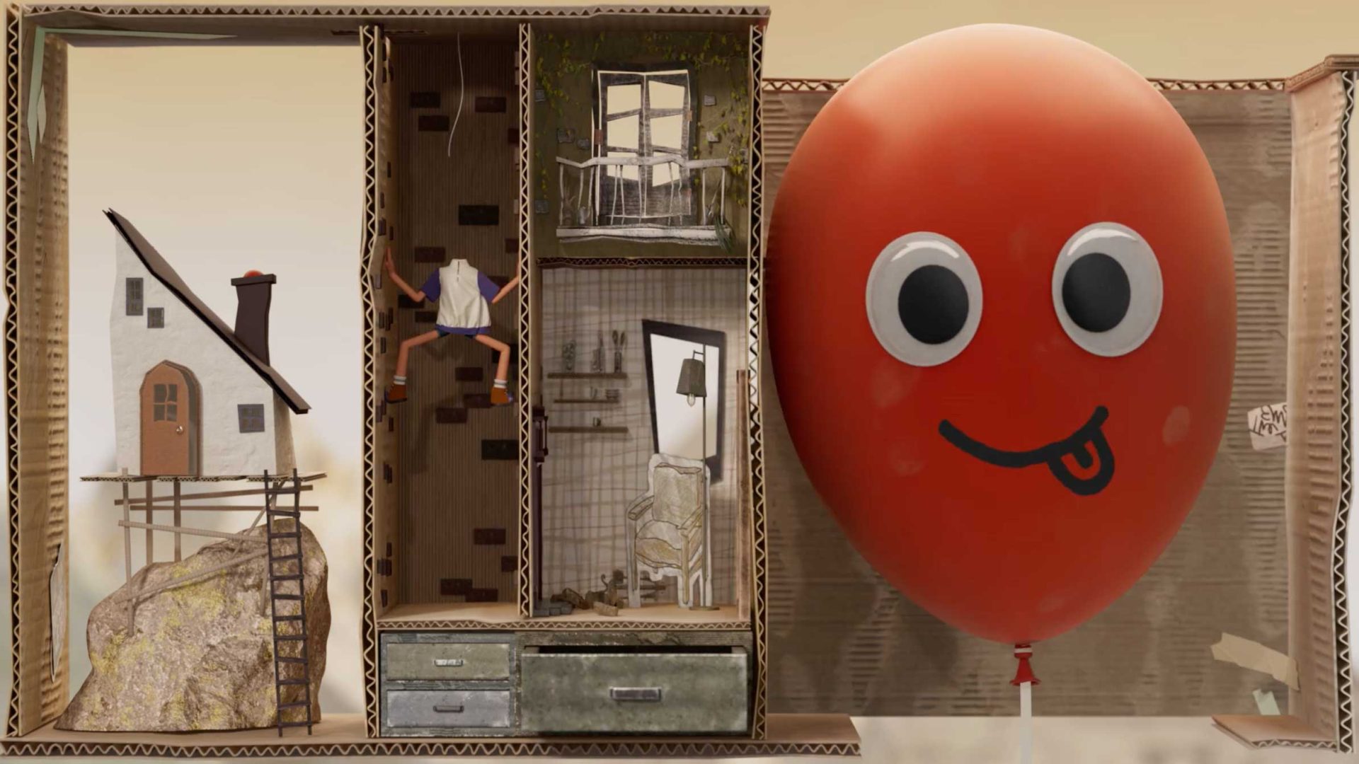 In a cardboard diorama from the short film Together, a small house rests on a rock near a figure climbing inside a tower, while a large red balloon with a cartoon face looms nearby. Frame from Stash Magazine article.