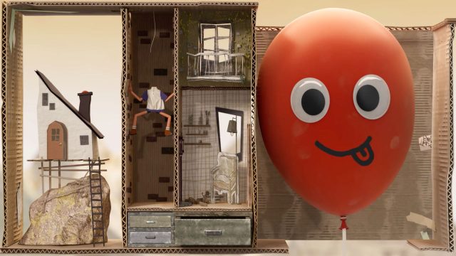 A cardboard diorama from the short film Together by Kim Soobin features a house on a rock, a figure climbing inside a furnished room, and a large red balloon with a googly-eyed face. Frame from Stash Magazine article.