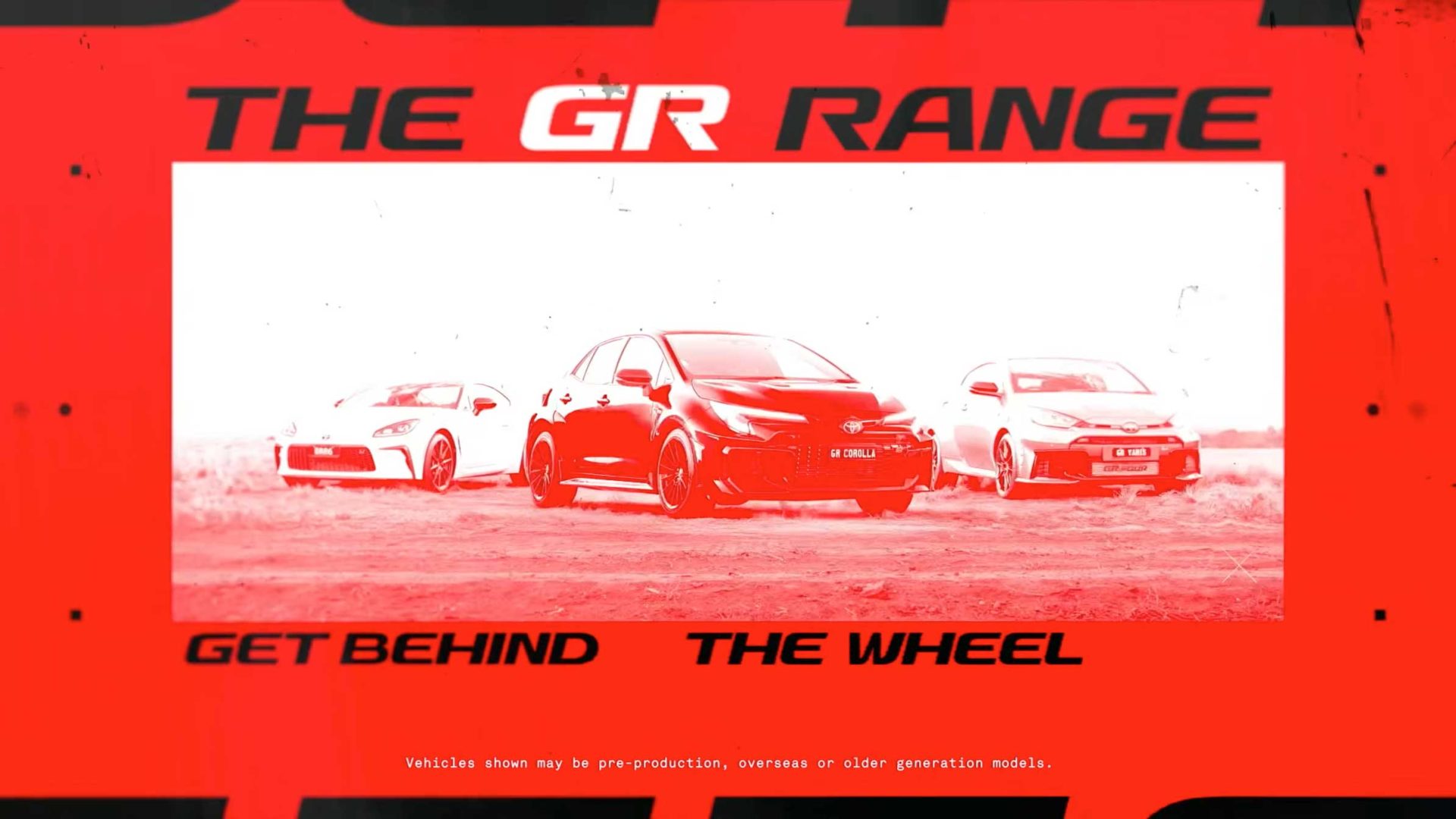 Three sporty Toyota GR Trio cars are parked on a dirt surface, showcased against a bold red and white background with the text: THE GR RANGE. GET BEHIND THE WHEEL. Small disclaimer text appears below, adding a touch of Glitch It Up energy. Frame from Stash Magazine article.