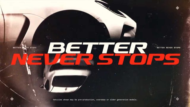 Close-up image of a silver sports car above bold text reading BETTER NEVER STOPS in white and red, referencing the Toyota GR Range commercial by Golden Wolf, with a disclaimer below about vehicles shown being pre-production or older models. Frame from Stash Magazine article.