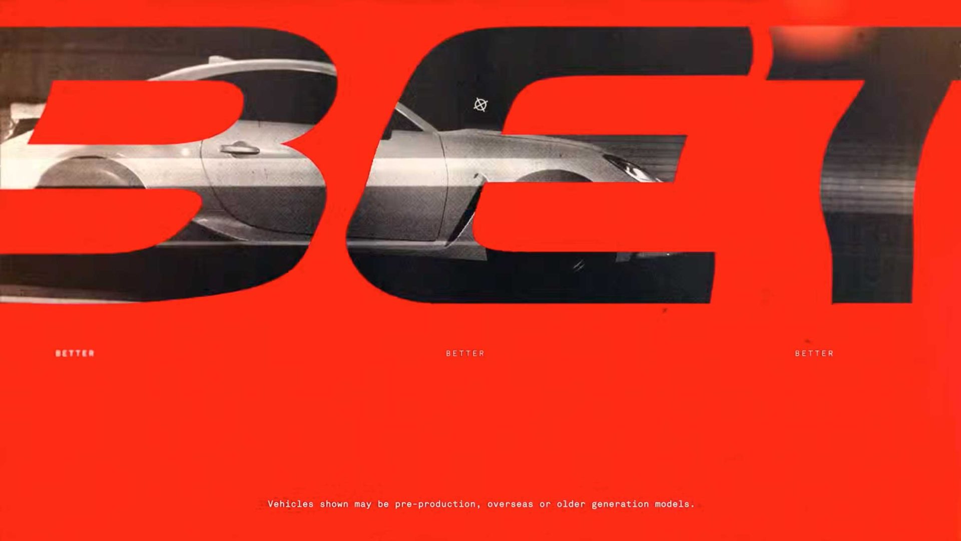 A grayscale Toyota GR sports car is partially visible behind large, bold, red text that reads BETTER on a bright red background. A disclaimer at the bottom says, Vehicles shown may be pre-production, overseas or older generation models. Frame from Stash Magazine article.